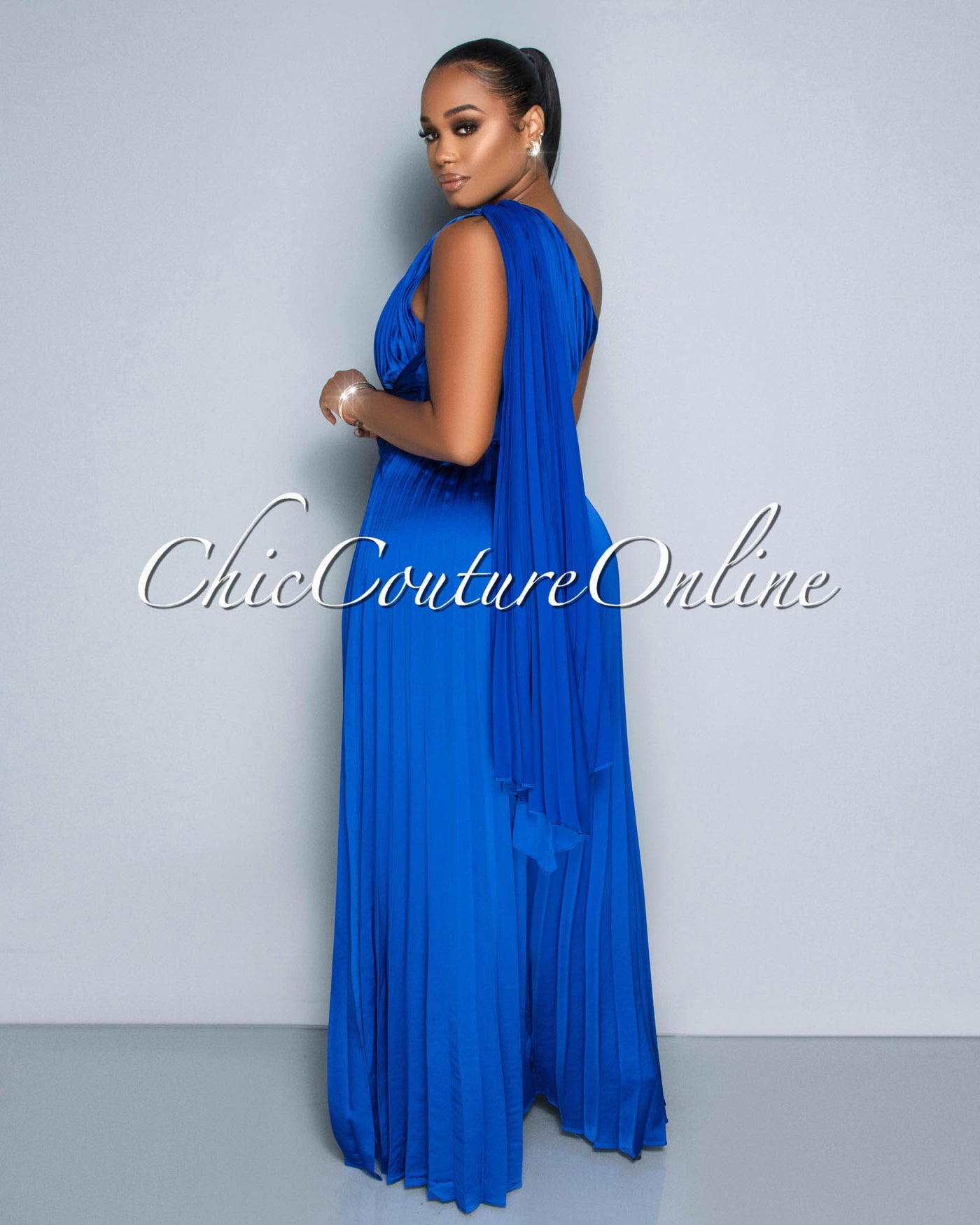 Elizabeth Royal Blue Single Shoulder Pleated Jumpsuit