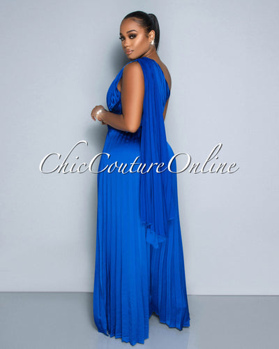 Elizabeth Royal Blue Single Shoulder Pleated Jumpsuit