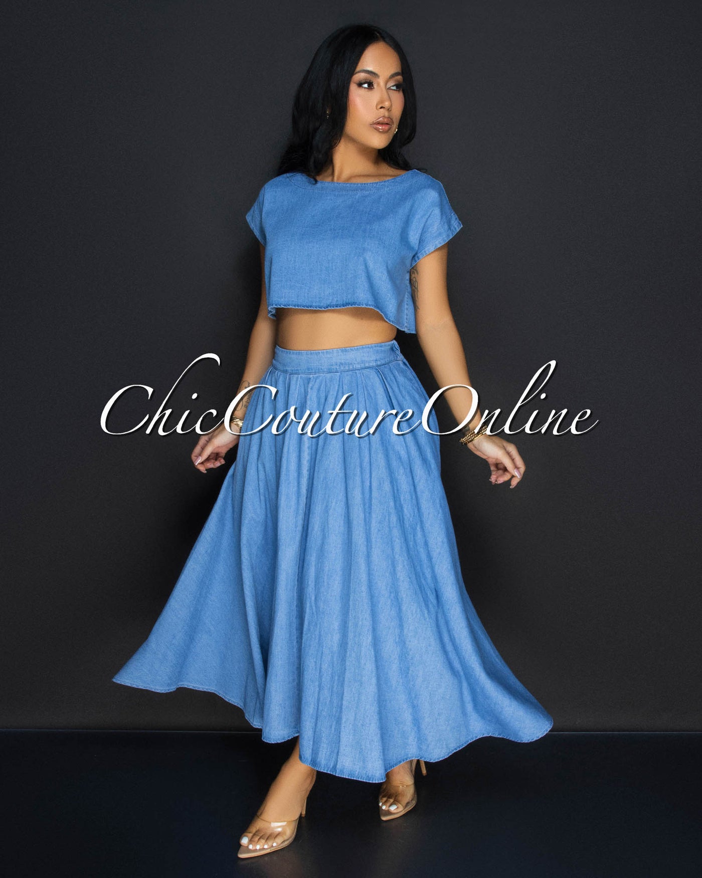 Desideria Light Denim Crop Top & Maxi Skirt Set