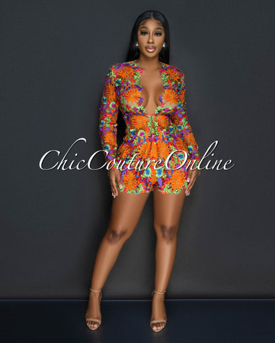 Bloom Orange Multi-Color Crochet Suit Shorts Set