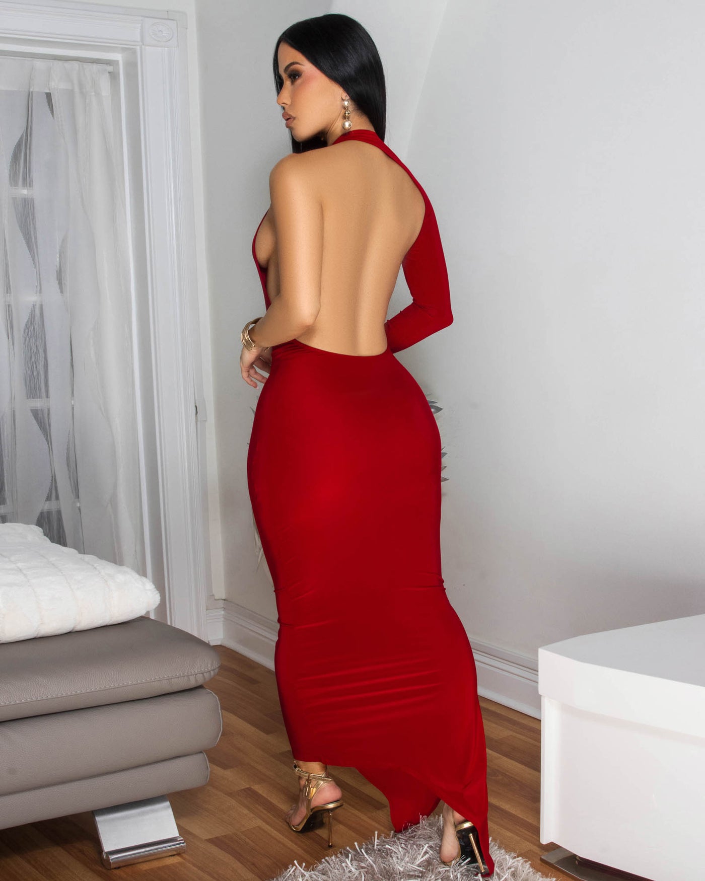 Luna Red One Shoulder Sleeve Open Back Dress