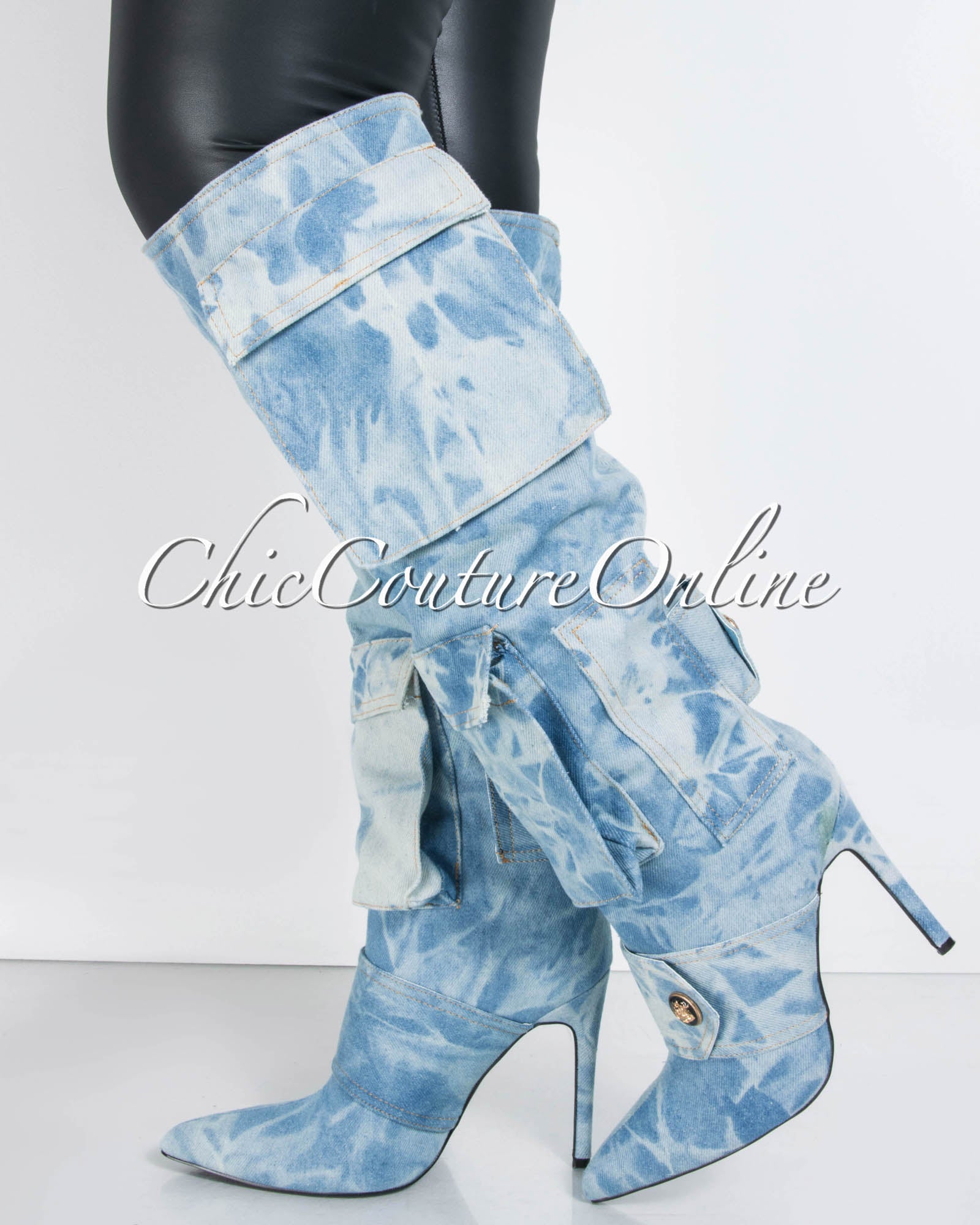 *Chiarra Light Denim Tie-Dye Cargo Pockets High Boots