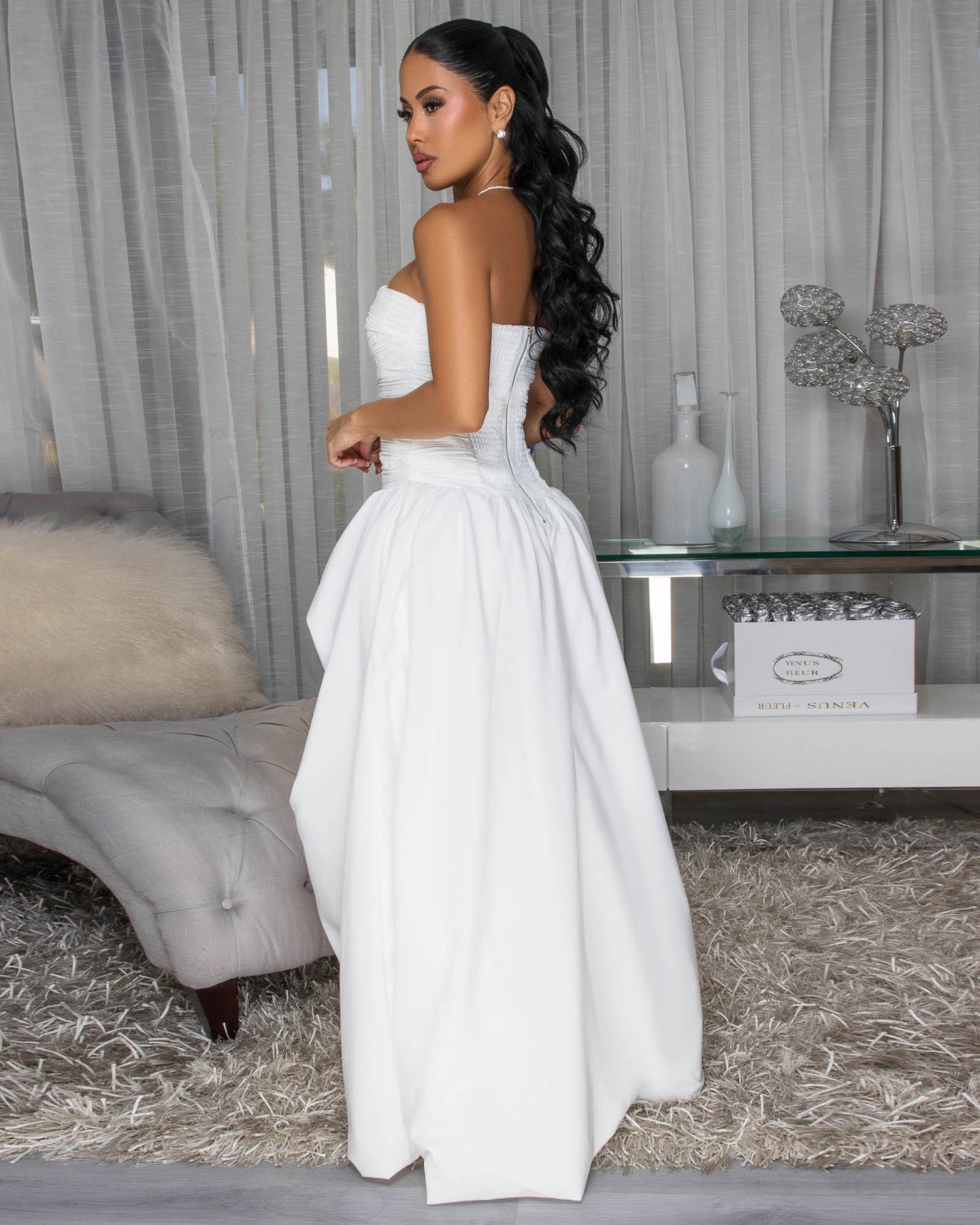 Priya White Front Slit Bubble Gown