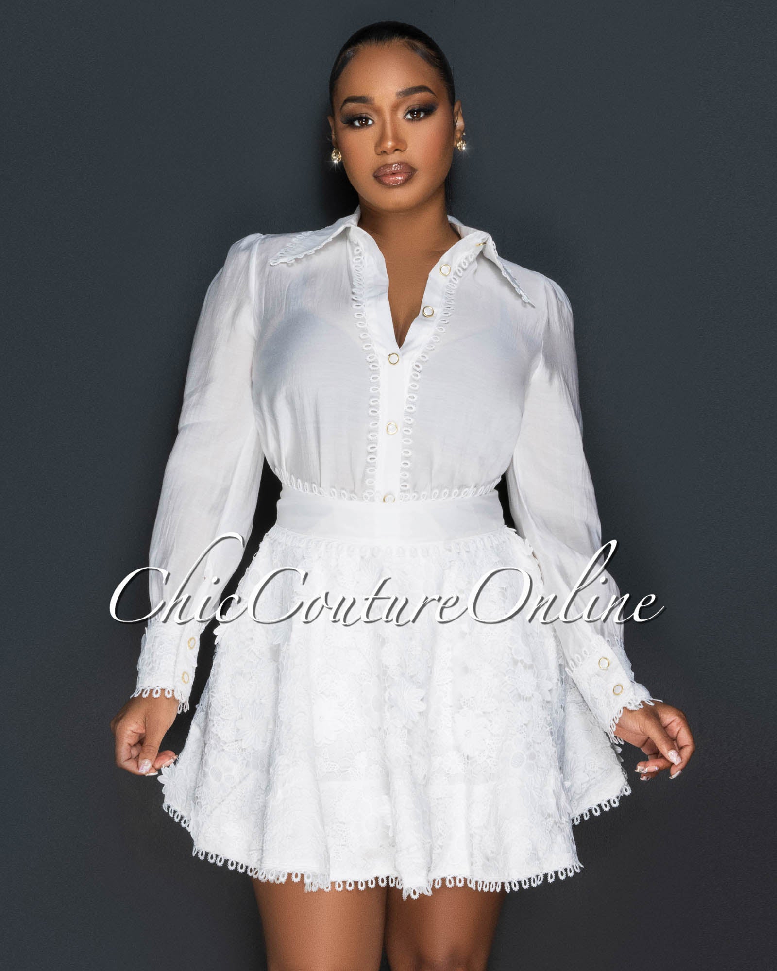 Bachir Off-White Buttoned Blouse & Flared Crochet Skirt Set