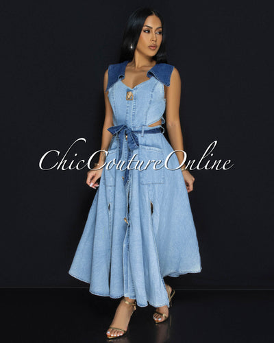 Sidora Light Blue Denim Gold Buttons Midi Dress