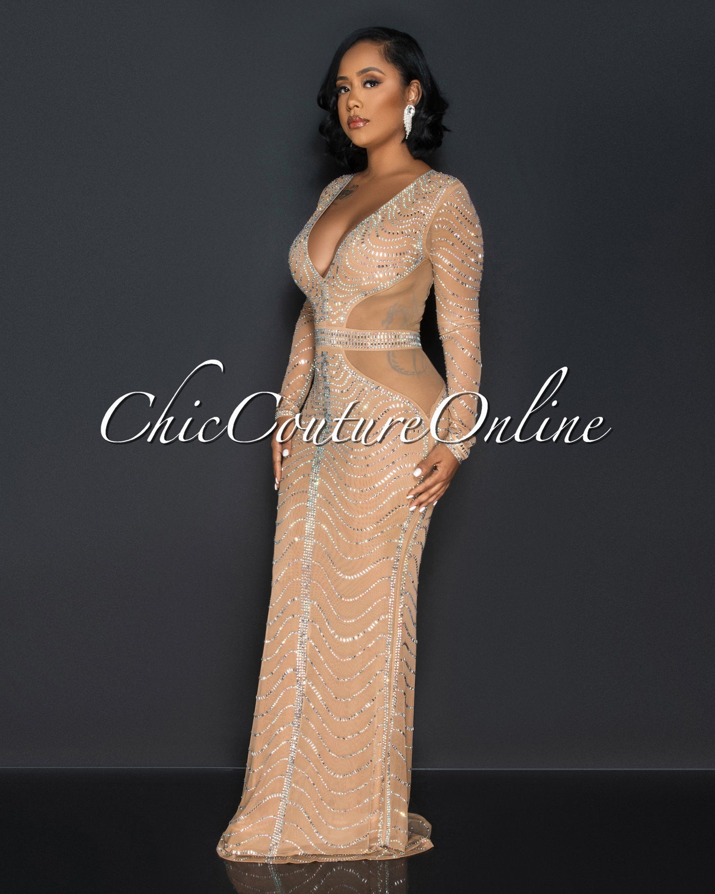 Brookline Nude Mesh Sheer Rhinestones Maxi Dress