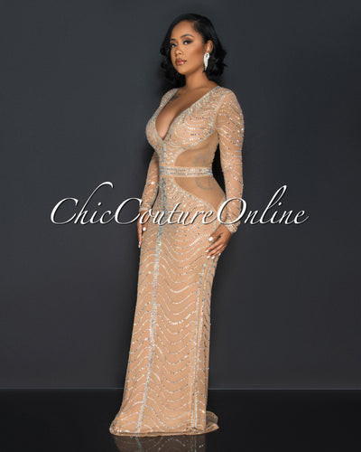 Brookline Nude Mesh Sheer Rhinestones Maxi Dress