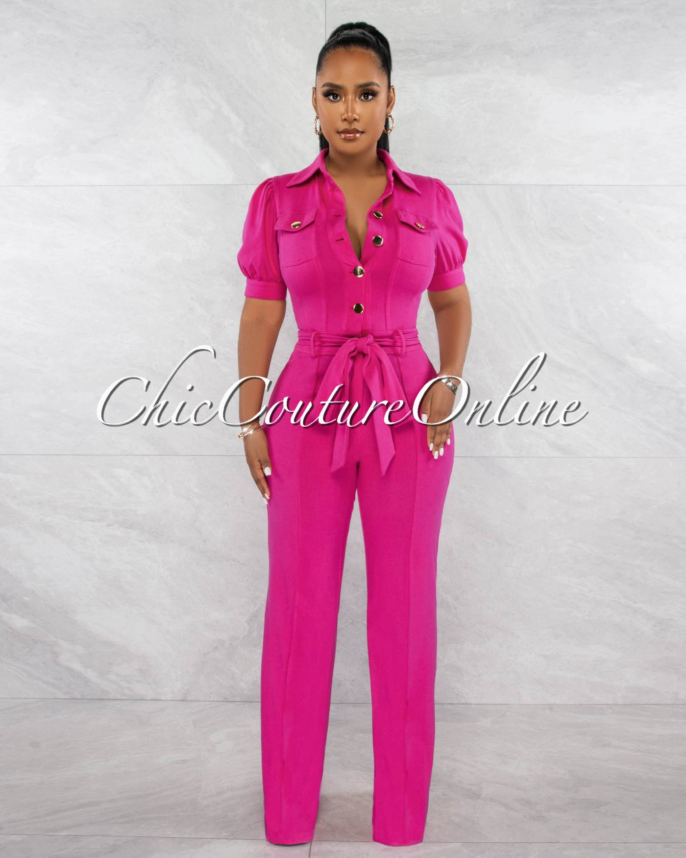 *Gemini Fuchsia Gold Buttons Bubble Sleeves Jumpsuit