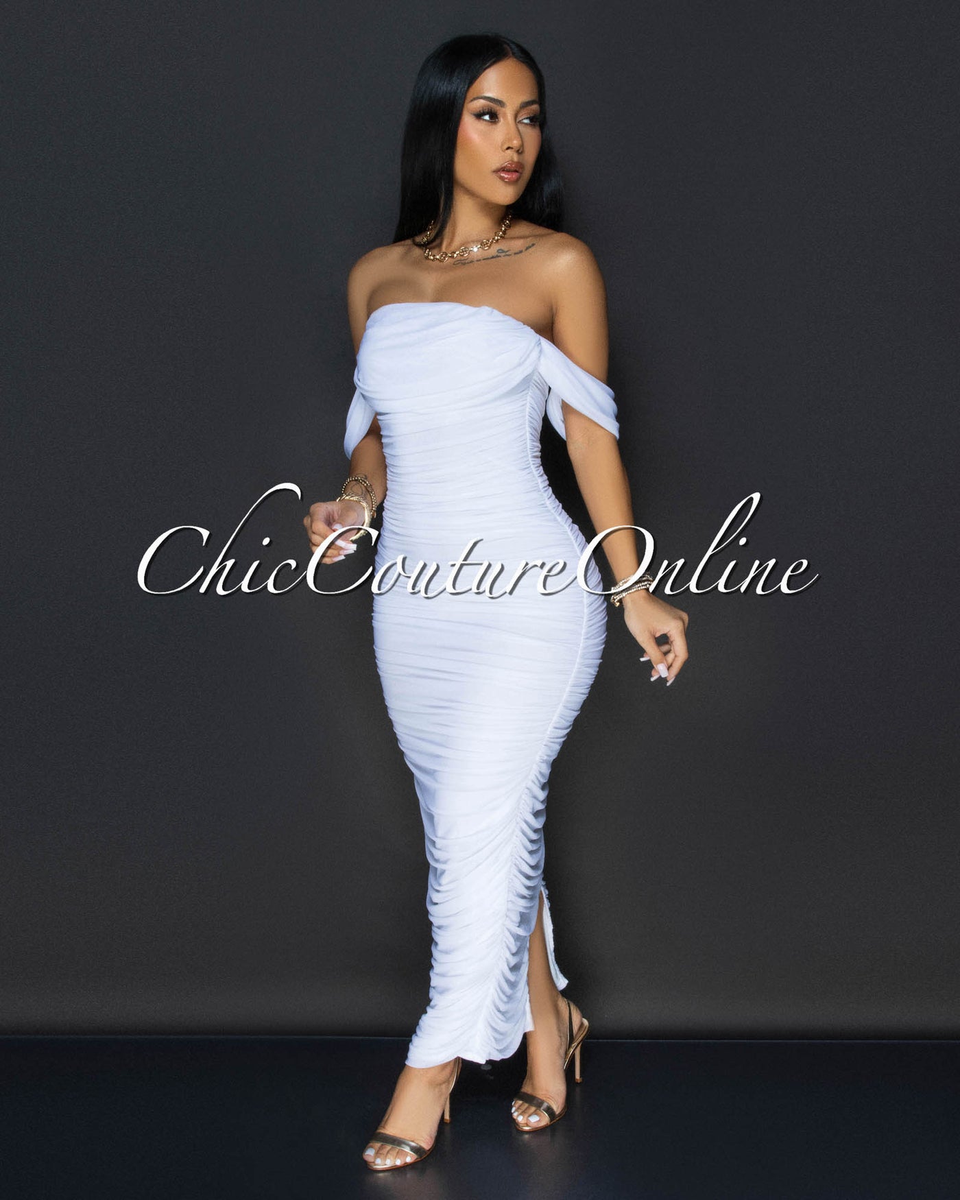 Vella White Mesh Overlay Ruched Off-The Shoulder Dress