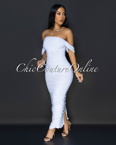 Vella White Mesh Overlay Ruched Off-The Shoulder Dress