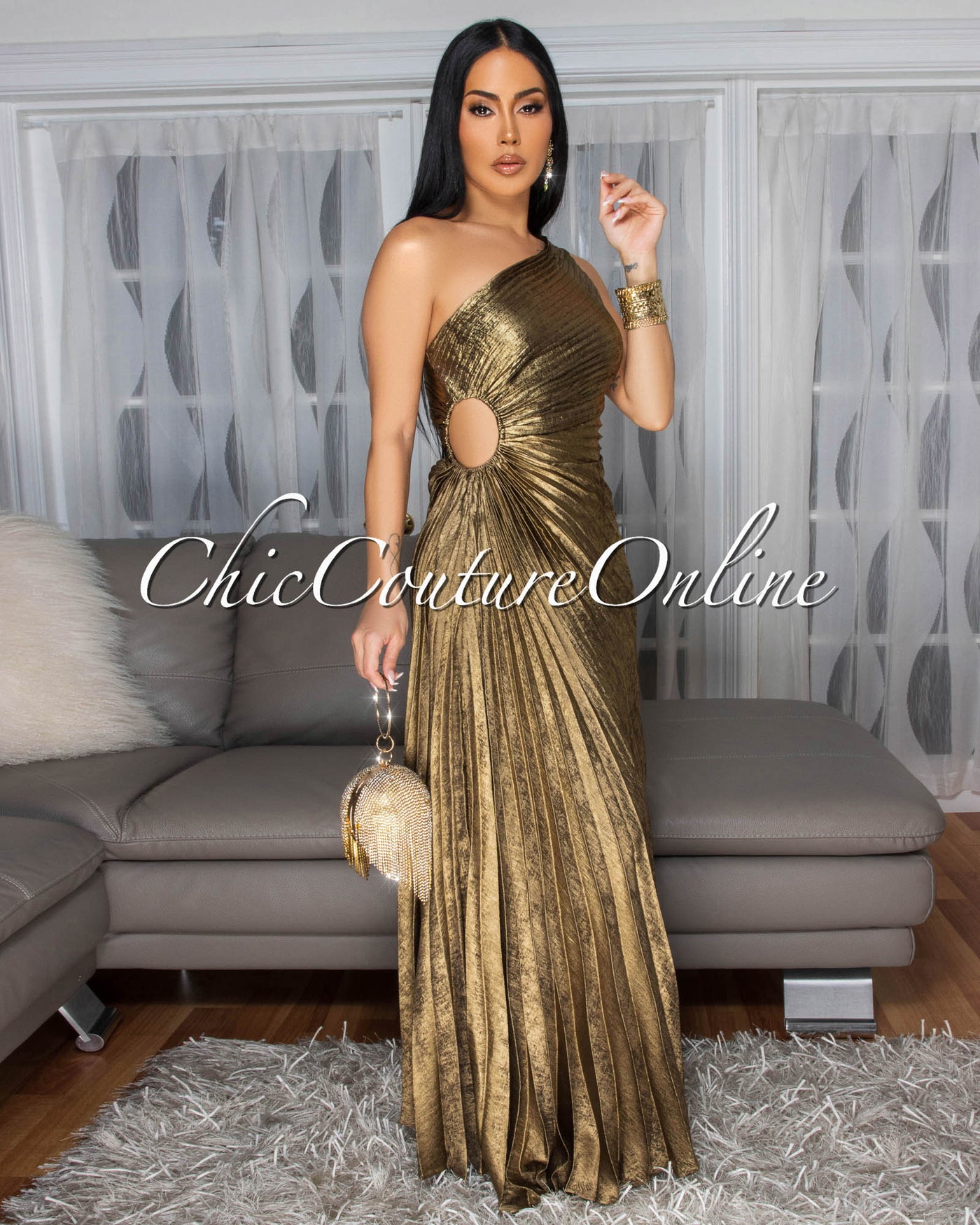 Jovinia Bronze Pleated Single Shoulder Maxi Dress