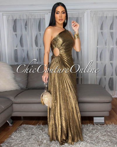 Jovinia Bronze Pleated Single Shoulder Maxi Dress