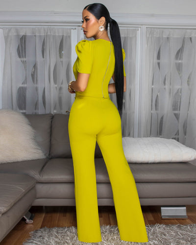 Eleonor Lime Rhinestones Accent Top & Pants Set