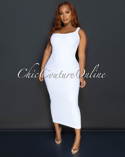 Thia White Single Shoulder Ribbed Midi Dress