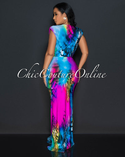 Hanee Multi-Color Print Deep V-Neck Front Maxi Dress