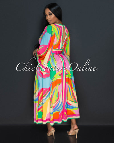 Odetta Fuchsia Multi-Color Print Kimono Maxi Dress