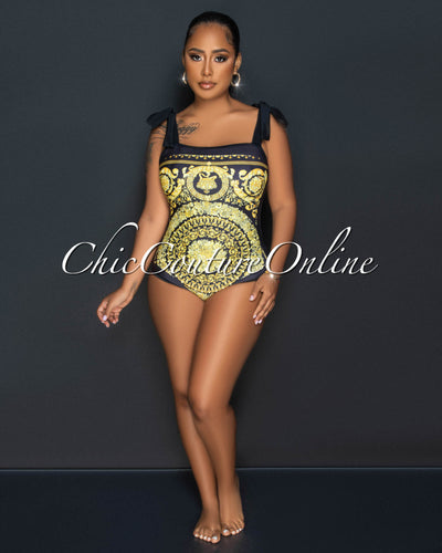 Dannia Black Gold Damasc Print & Cover Up Swimsuit Set