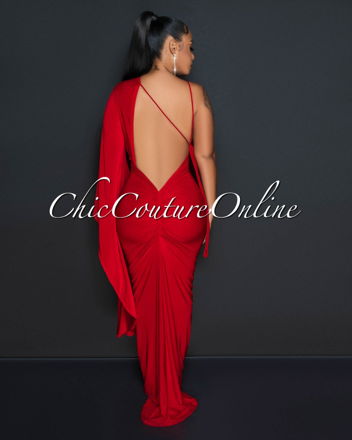 Thesa Red Single Statement Long Sleeve Maxi Dress