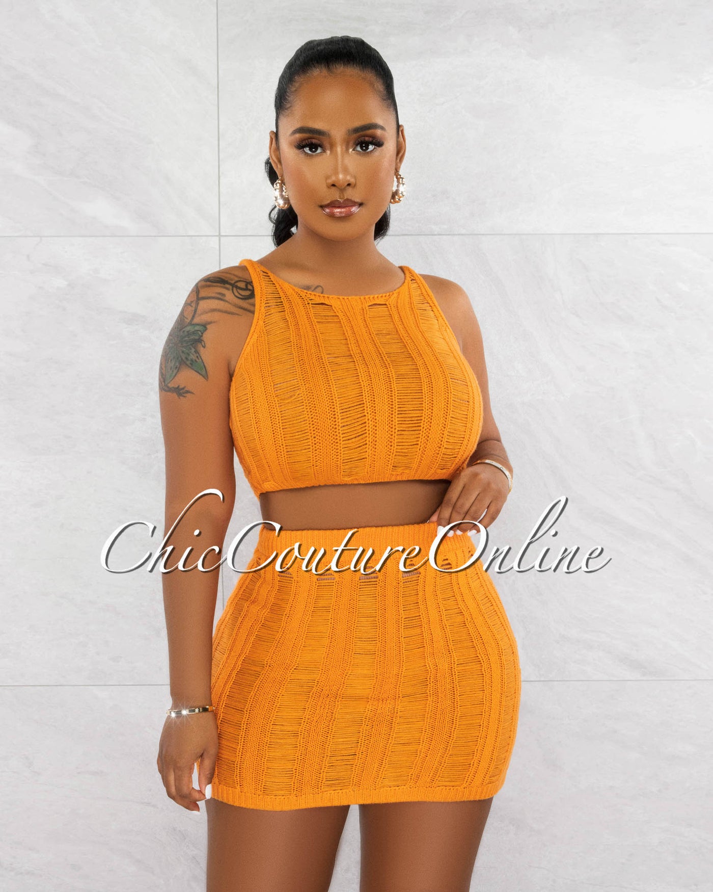 *Mexie Orange Crochet Crop Top & Skirt Cover-Up Set