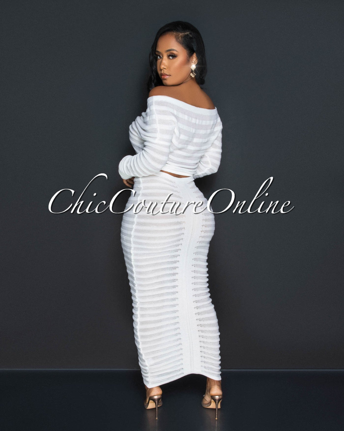 Ganiah Off-White Crochet Crop Top & Maxi Skirt Set