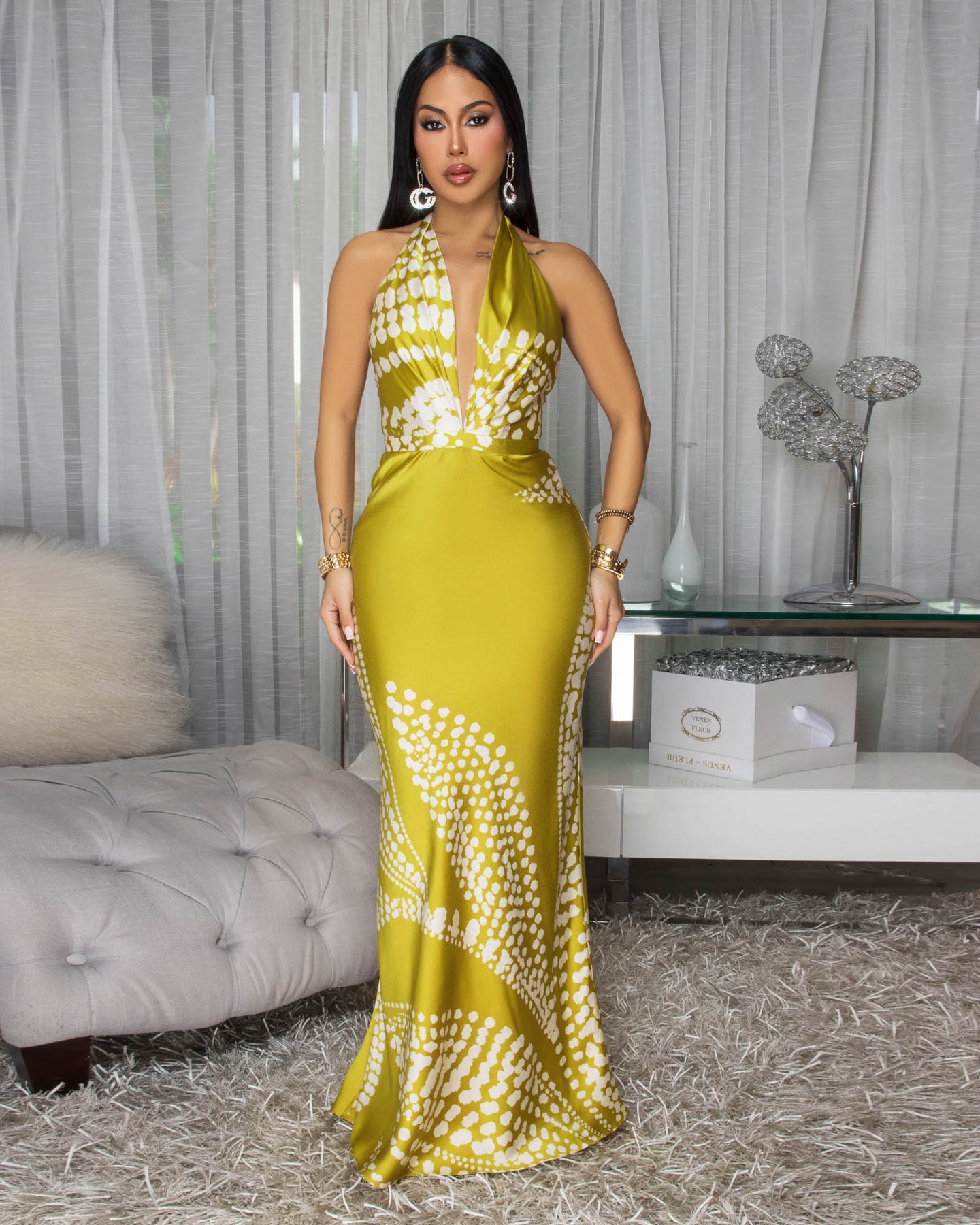 Analia Moss Green Cream Silky Halter Maxi Dress