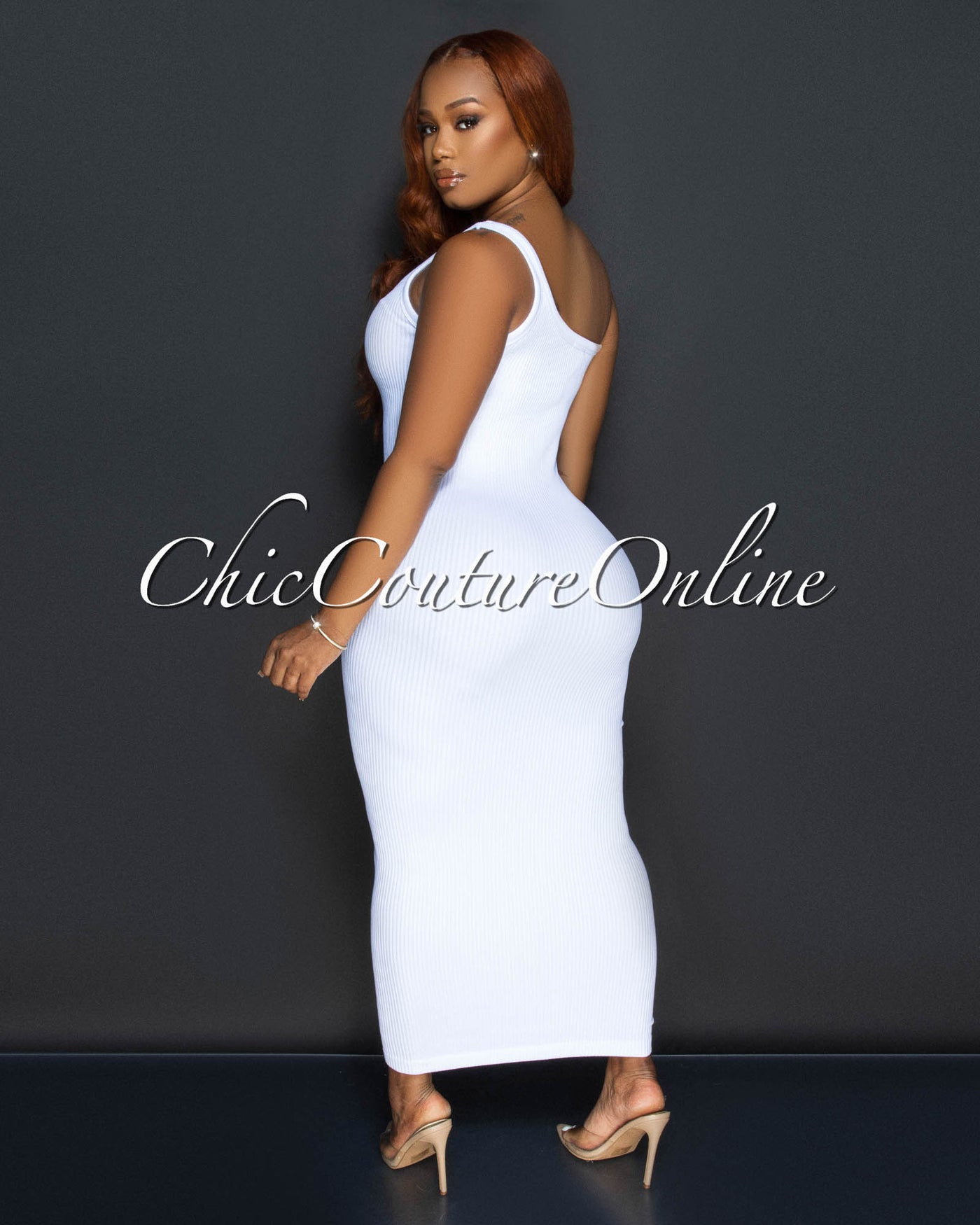 Thia White Single Shoulder Ribbed Midi Dress