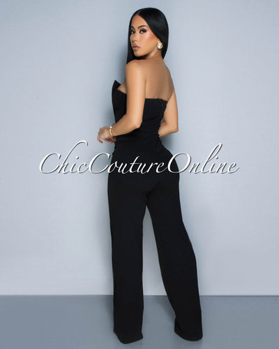 Amiri Black Gold Accent Button Strapless Widelegs Jumpsuit