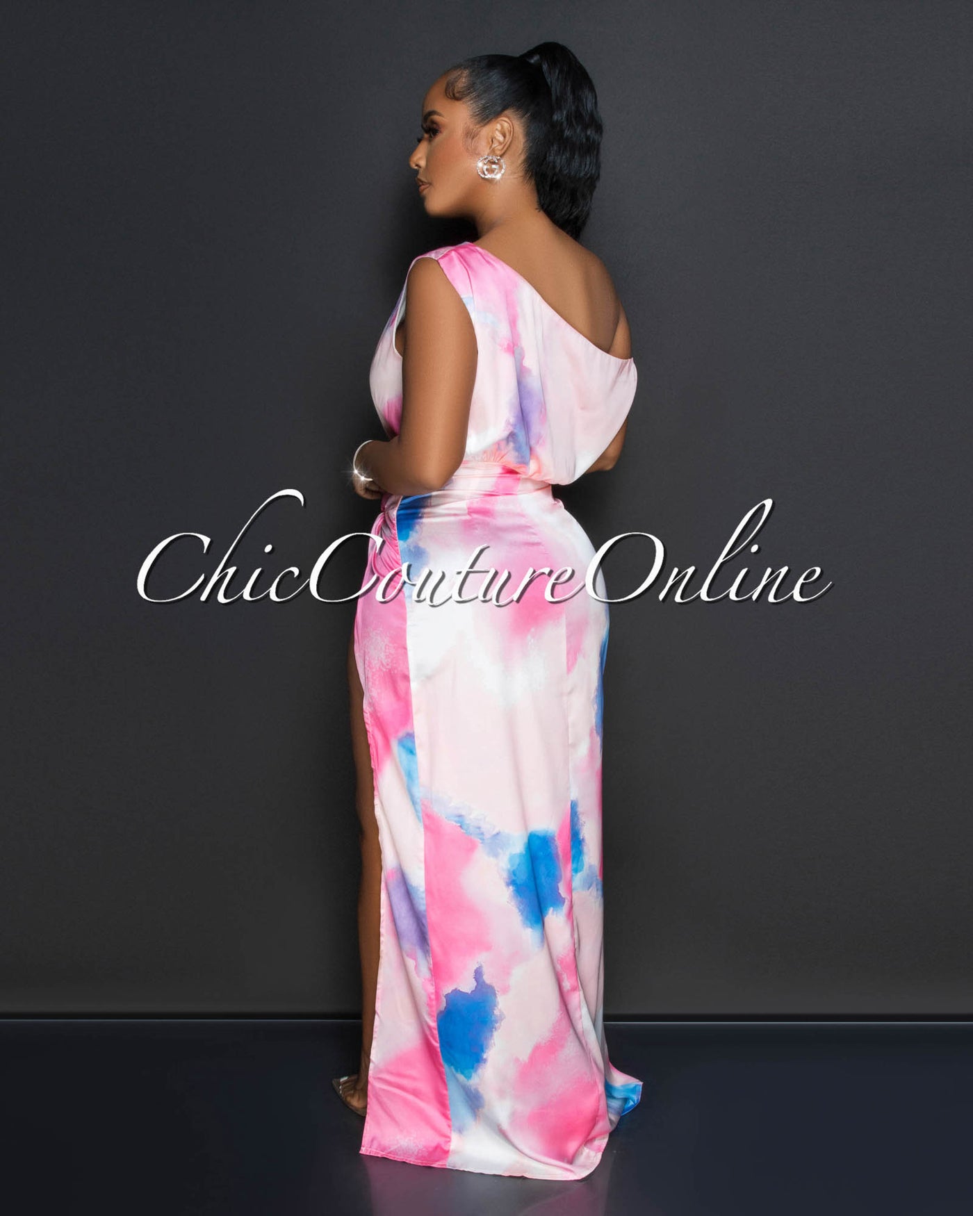 Tayanna Pink Watercolor Print High Slit Silky Maxi Dress