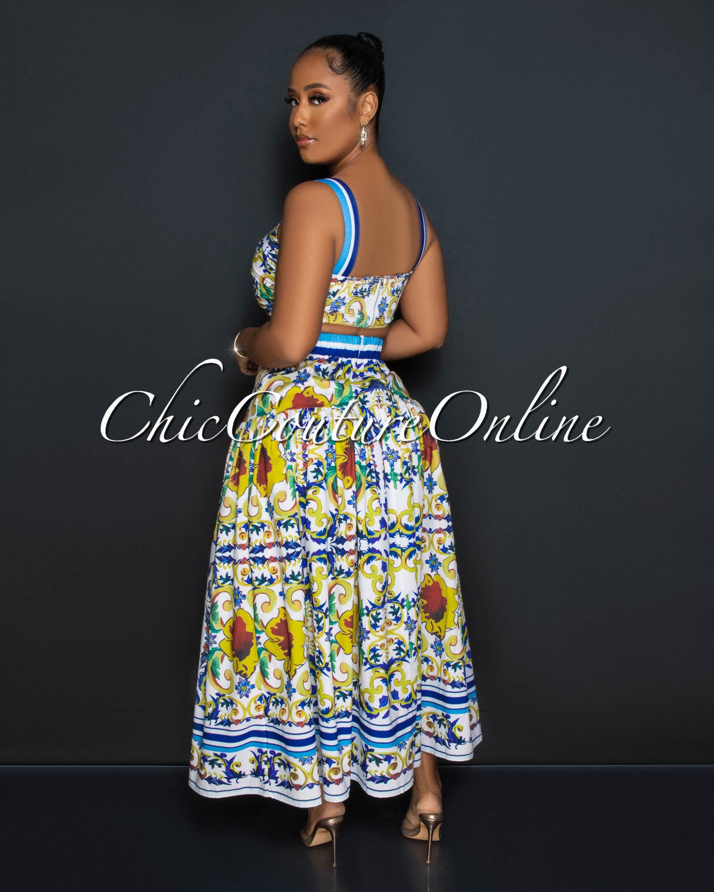 Crisanto White Multi-Color Print Crop Top & Maxi Skirt Set