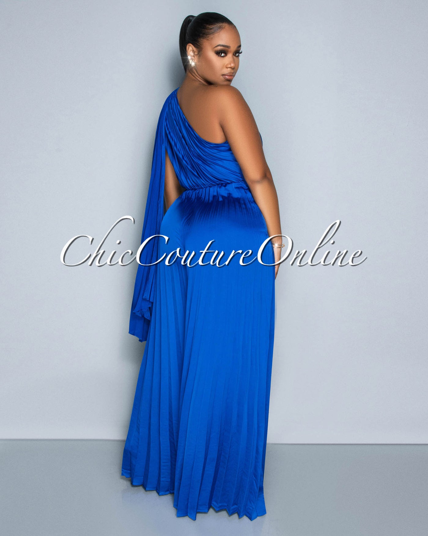 Elizabeth Royal Blue Single Shoulder Pleated Jumpsuit