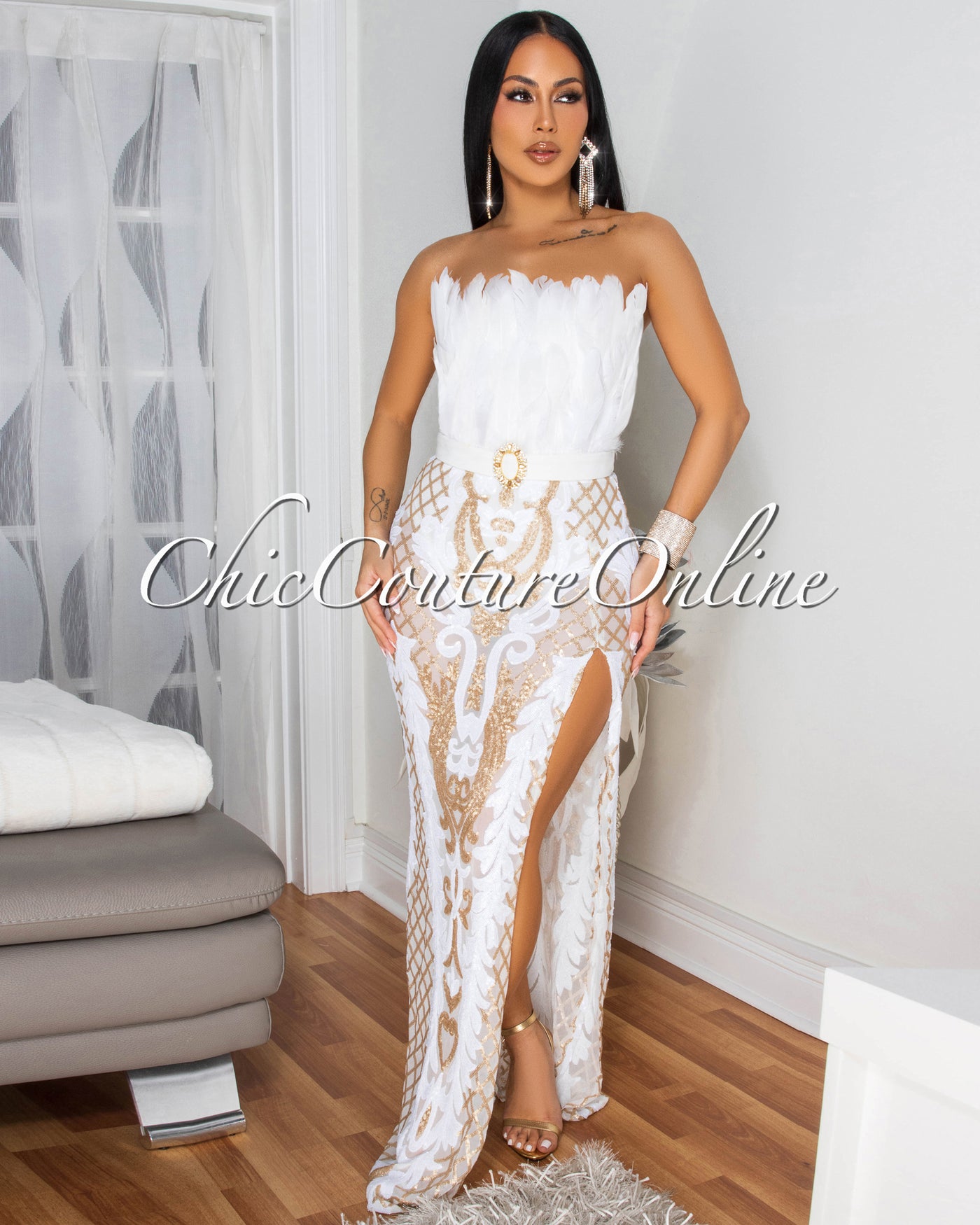 Rachelle White Gold Sequins Feather Bust Bodysuit Maxi Dress