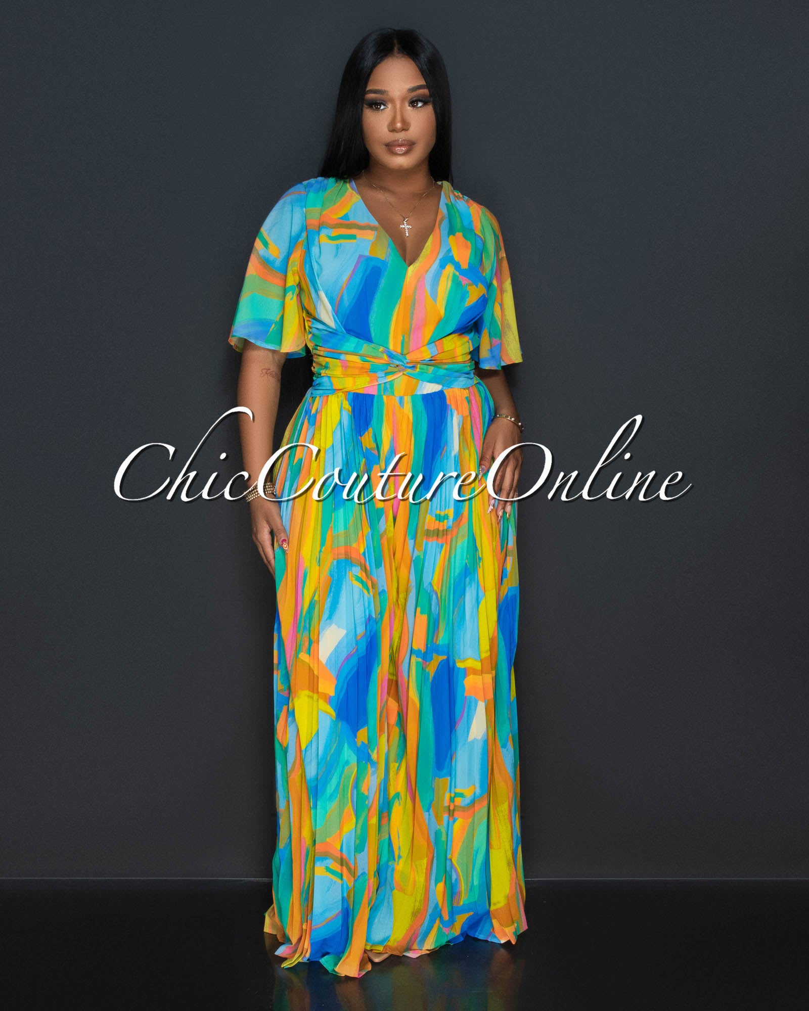Layla Green Blue Print Pleated Legs Jumpsuit