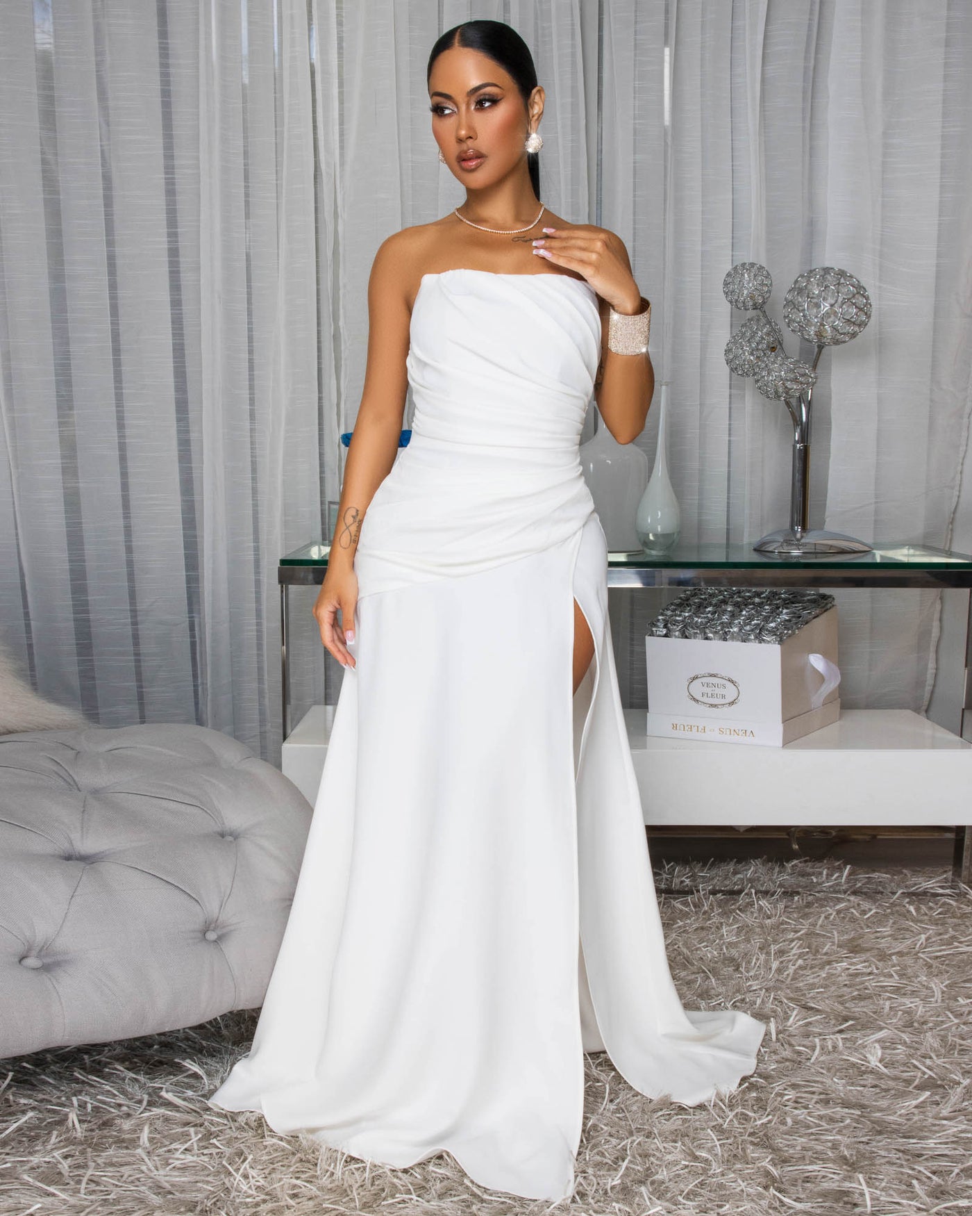Sandrine Off-White Ruched Slit Gown