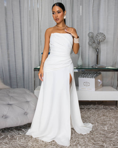 Sandrine Off-White Ruched Slit Gown