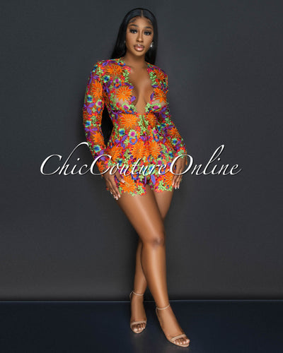 Bloom Orange Multi-Color Crochet Suit Shorts Set