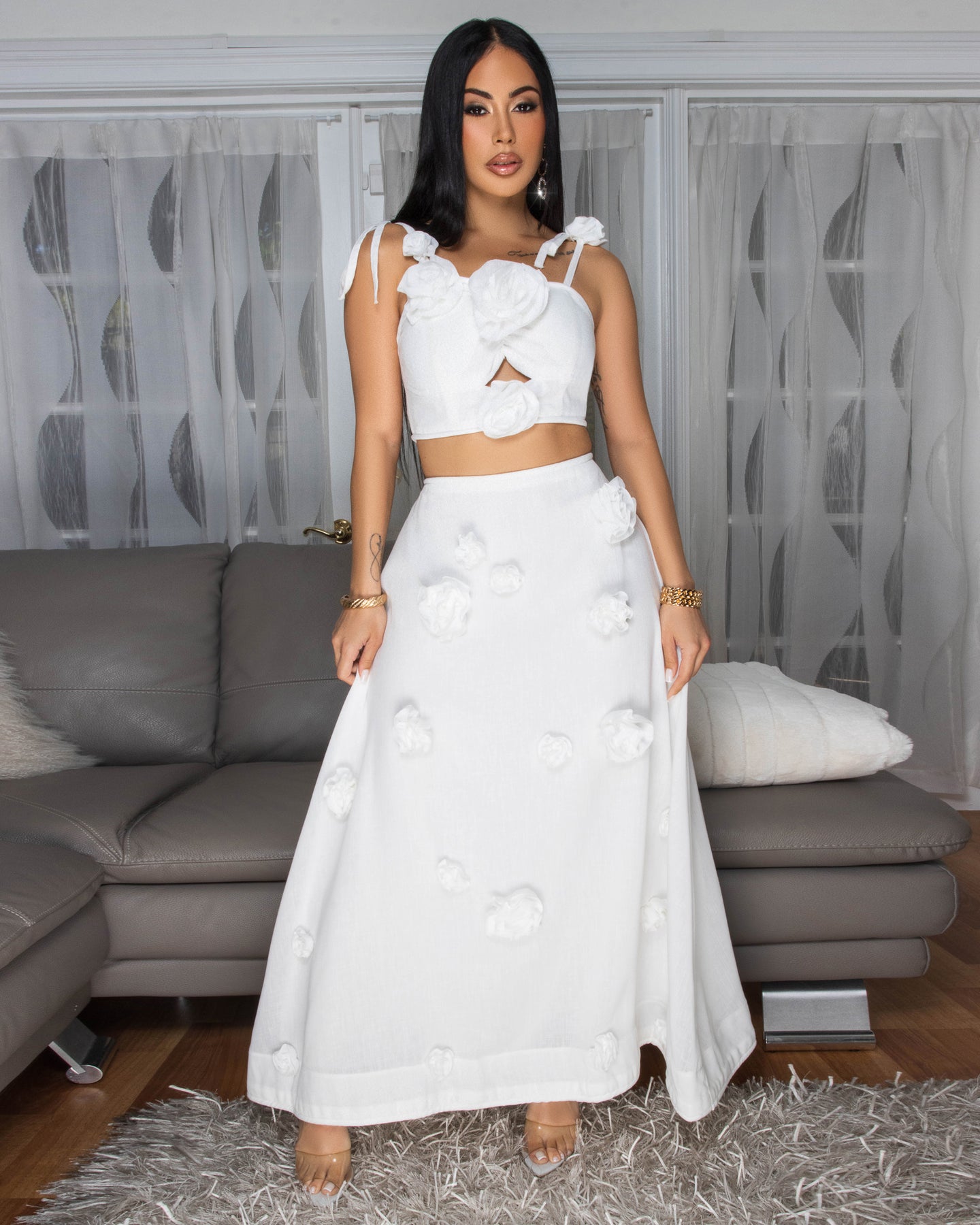 Chiara White Flower Bustier & Maxi Skirt Set