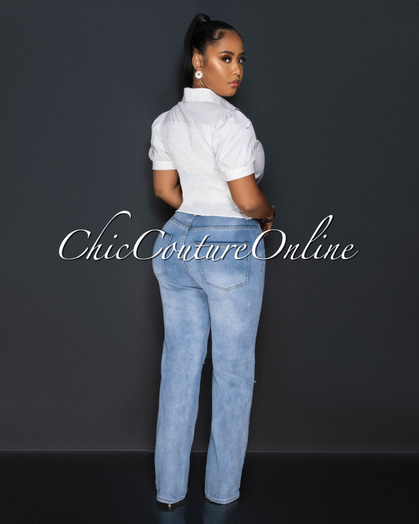 *Nadine Light Denim Rhinestones Fringe Accent Jeans