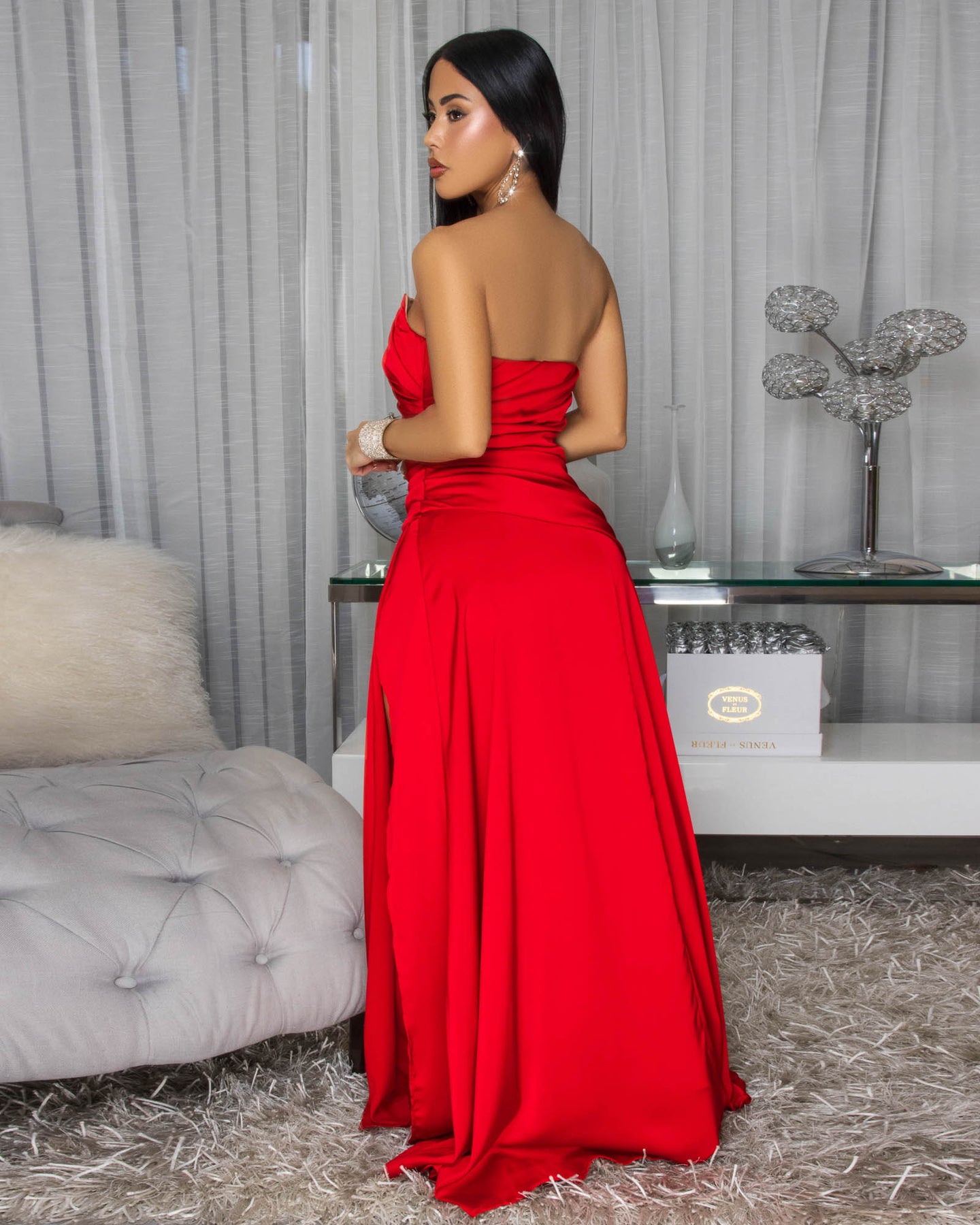 Sadie Red Ruched Slit Gown