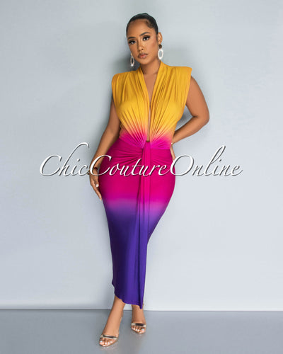 Tasha Mustard Purple Ombre Deep V Neckline Drape Maxi Dress