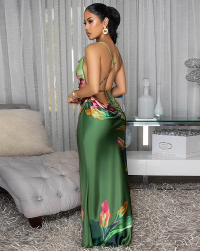 Francisca Green Multi-Color Floral Print Silky Slip Dress