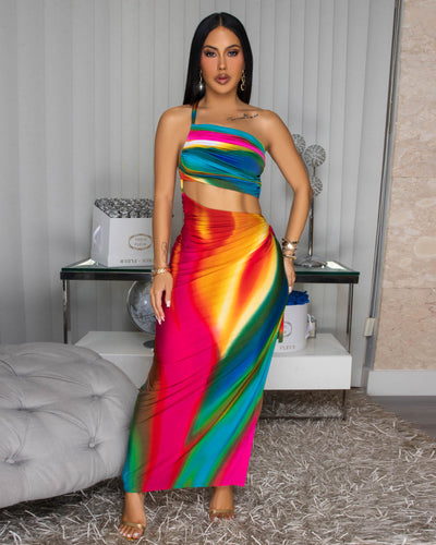 Lenny Rainbow Ruched Cut-Out Maxi Dress