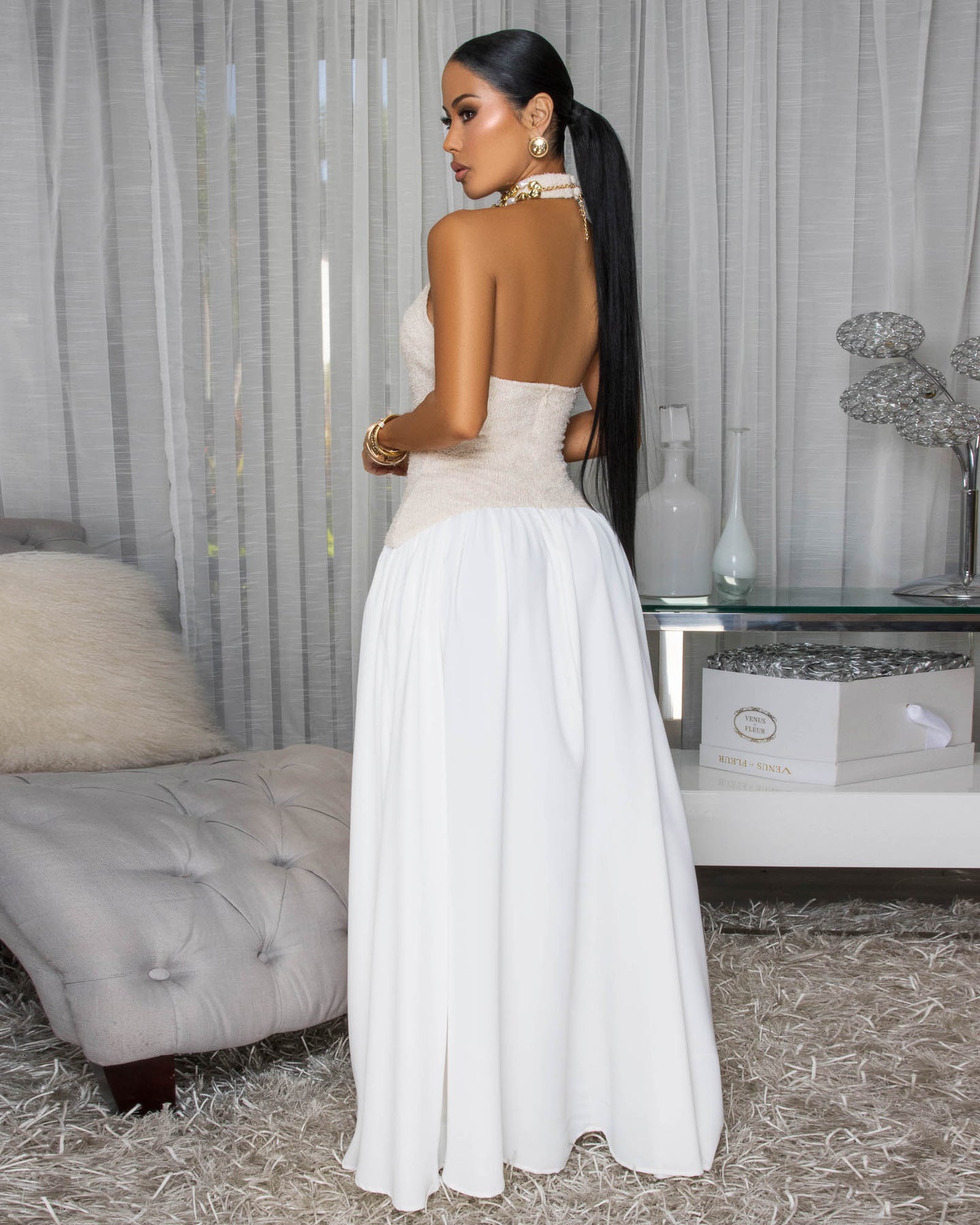 Andrina Nude Ivory Halter Maxi Dress