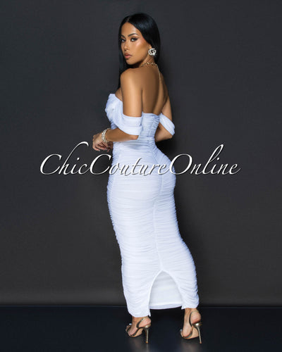 Vella White Mesh Overlay Ruched Off-The Shoulder Dress