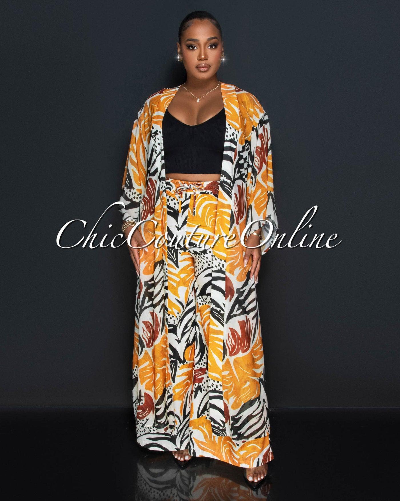 Iliza Orange Black Leaf Print Kimono & Wide Pants Set (5/28)