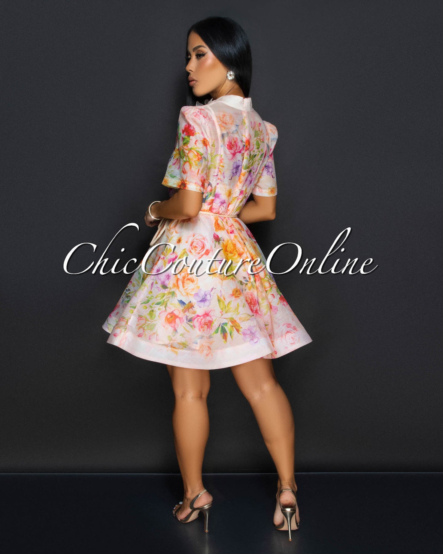 Prina Blush Multi Floral Print Belted Dress