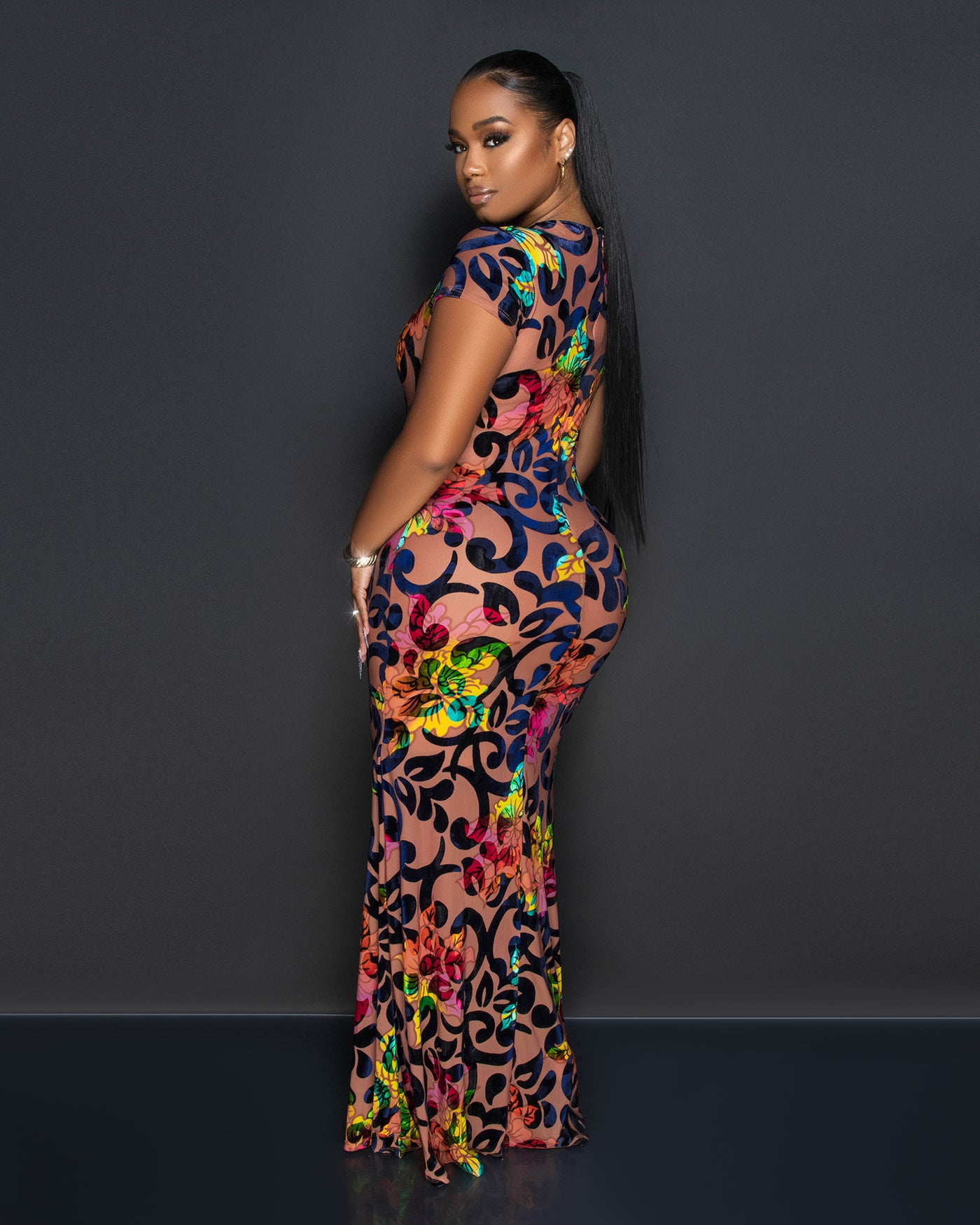 Edeline Nude Multi-Color Print Velvet Sheer Maxi Dress