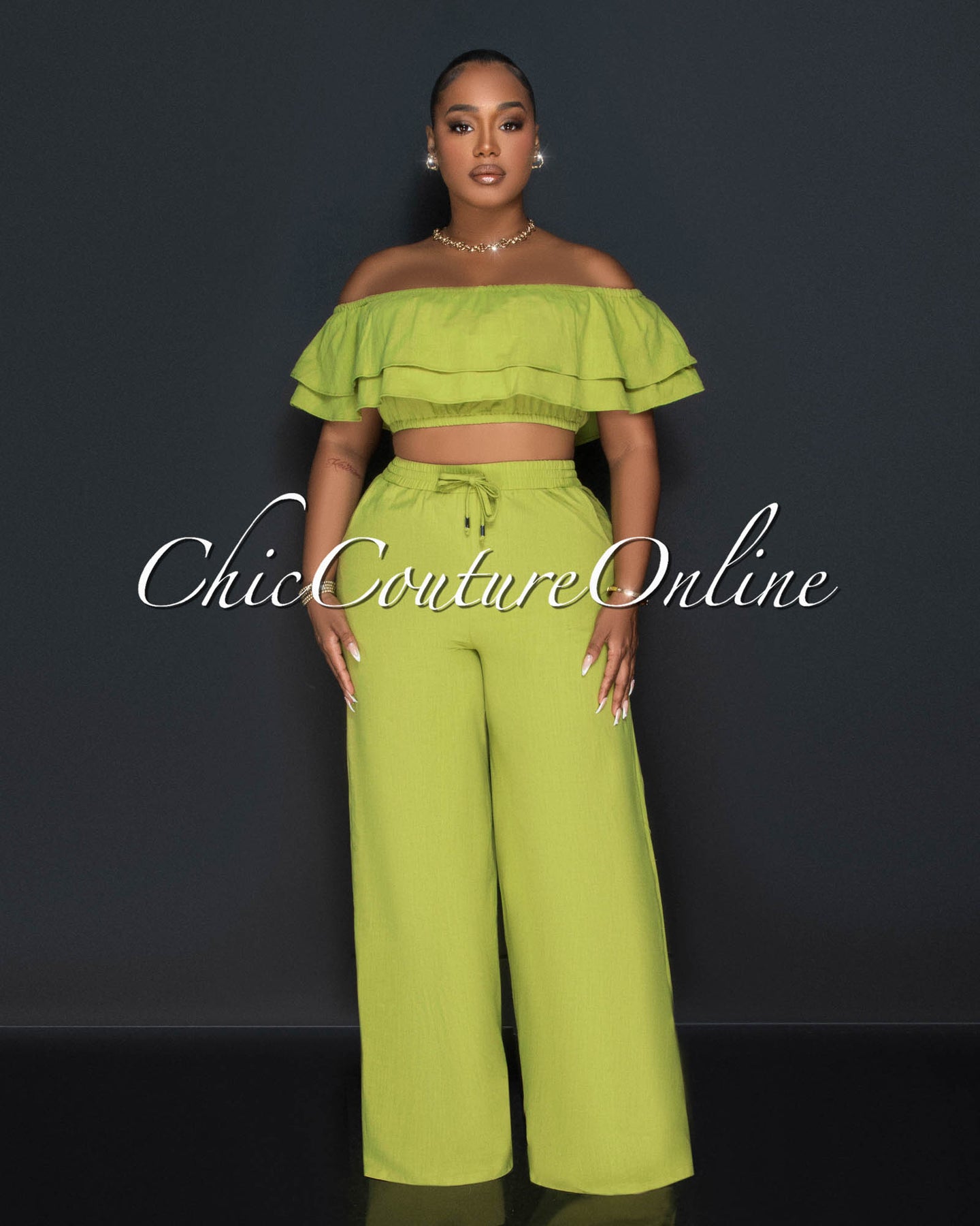 Yuri Olive Green Ruffle Crop Top & Wide Pants Set