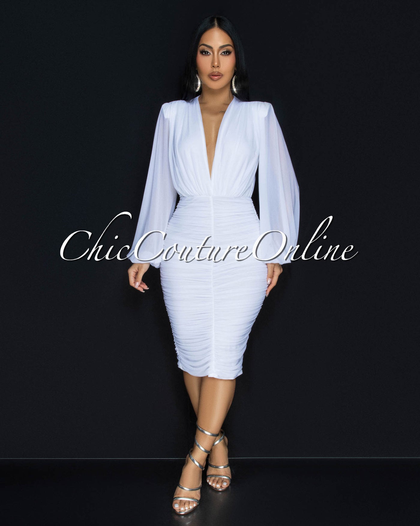 Vanica White Mesh Overlay Plunging V-Neck Midi Dress