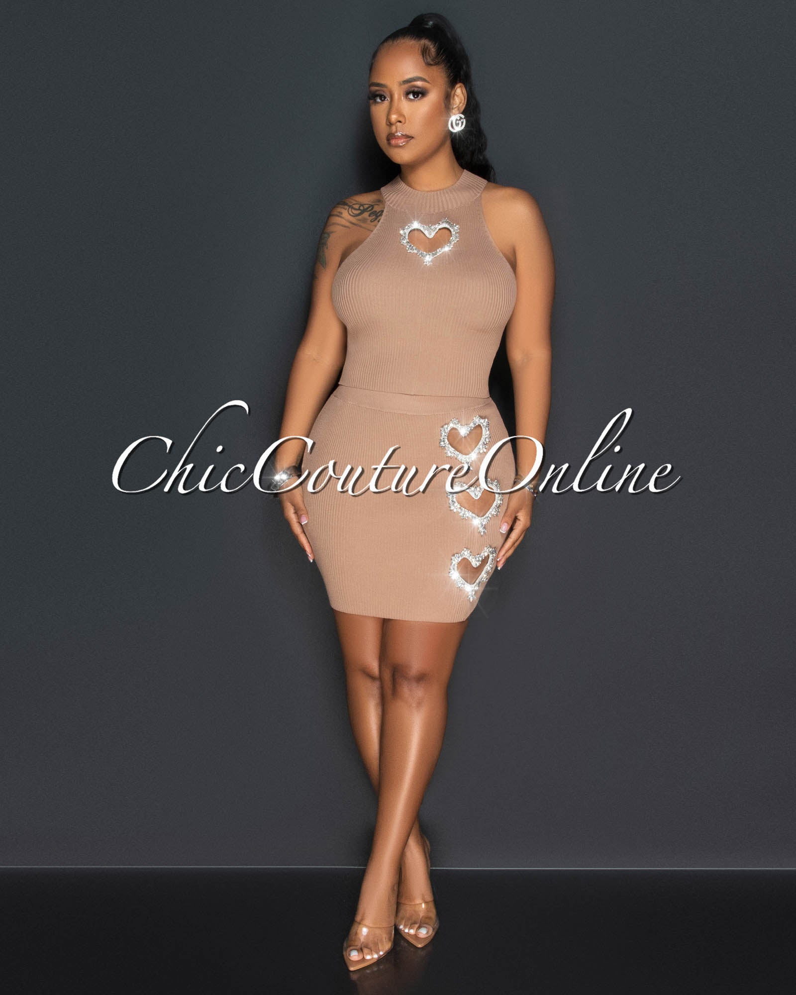 *Theia Mocha Rhinestone Hearts Knit Skirt Set