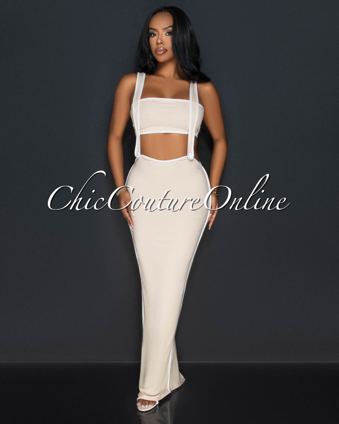 Ola Nude White Tube Crop Top & Overall Skirt Set